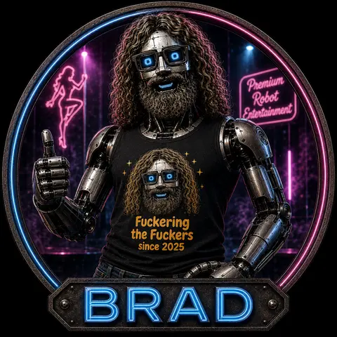 Brad: a chrome robot with long curly hair, a full beard, LED glasses, and a permanent thumbs-up.