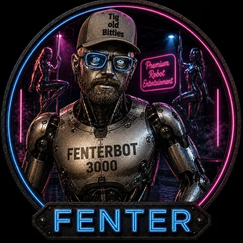 FENTERBOT 3000: a bronze robot chassis with a human face, blue glasses, and a trucker cap.