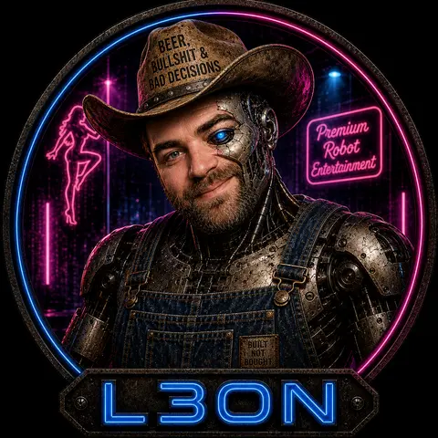 L3ON: half human face, half chrome plating, one blue camera eye, cowboy hat, denim overalls stamped BUILT NOT BOUGHT.